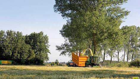 Om 8 uur was Eugelink bezig met het hakselen van de wintergerst van Riny en Jos Siebes uit Laag-Keppel.