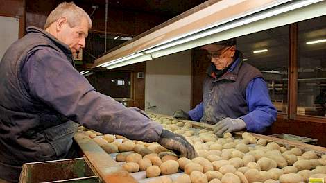 Terwijl vader Jos (links) en collega Jo van Maldegem in de leeskamer de aardappelen lezen…