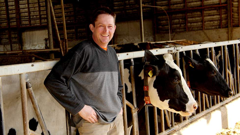 Melkveehouder Jan Oskam staat in de stal met melkkoeien op de achtergrond