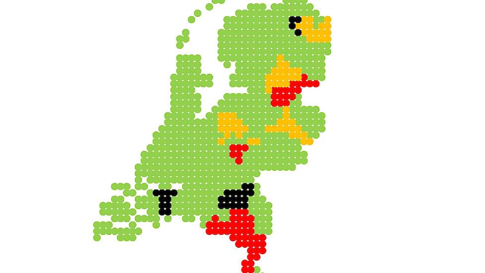 Het kaartje geeft de gebieden weer waar de laatste melding zich bevindt (zwart) en waar de afgelopen acht weken (rood) en de acht weken daarvoor (oranje) meldingen zijn geweest. Het aangekleurde gebied is gebaseerd op de eerste twee cijfers van de postcod