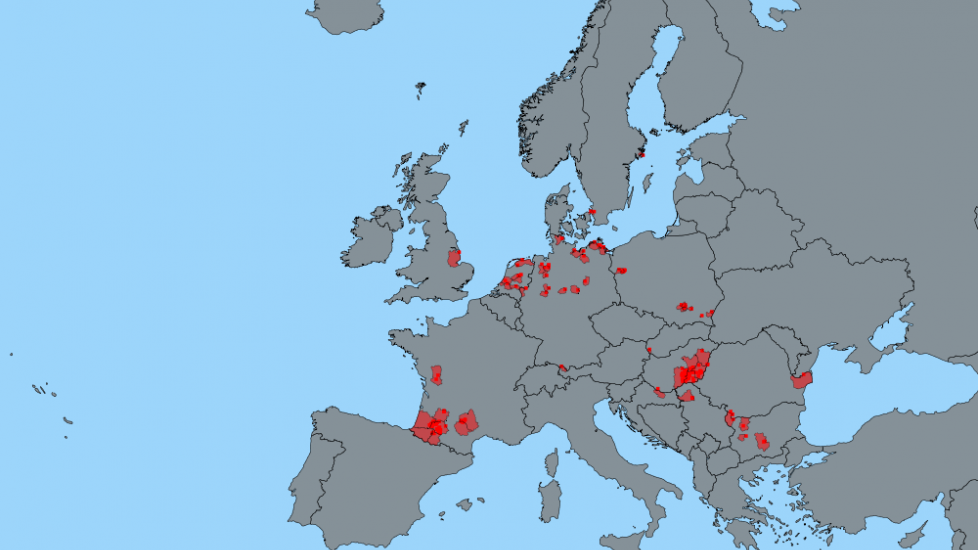 Uitbraken bij pluimvee (kaart van Europees ADNS-systeem). Bron: FAVV.