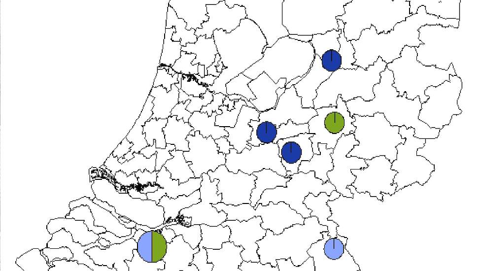 De afgelopen zes weken zijn er op vijf pluimveebedrijven besmettingen met acute snot (infectieuze Coryza) geconstateerd. Op vier  pluimveebedrijven in het midden en noorden van Nederland (zie kaartje) werd de ziekte vastgesteld. Op één bedrijf werd de bac