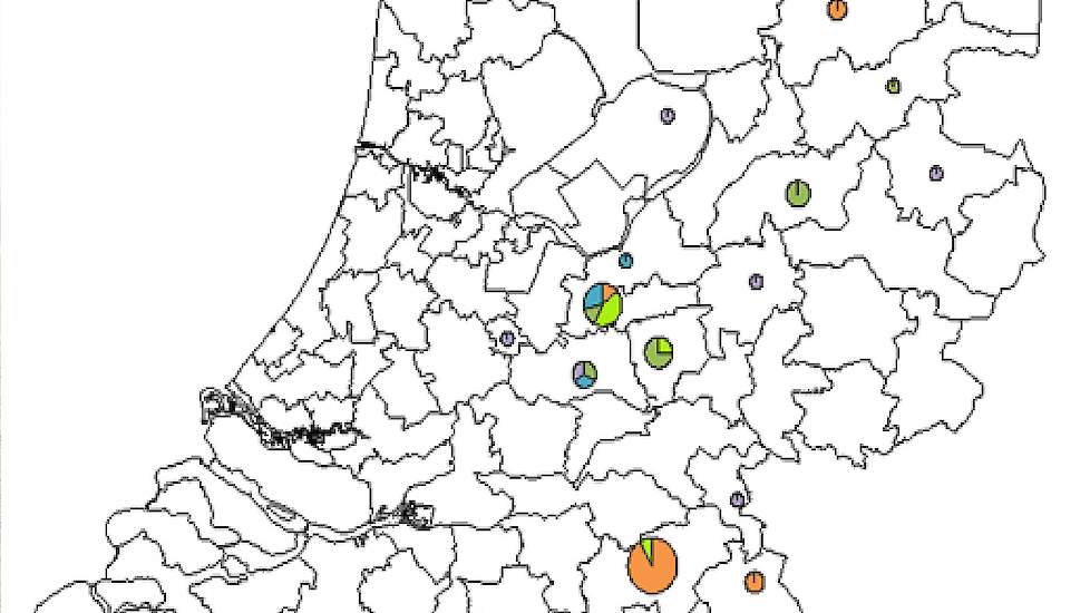 Locatie van ILT-uitbraken op basis van de eerste twee cijfers van de postcode in 2017 en 2018, onderverdeeld in vleeskuiken, leg, reproductie en hobby.