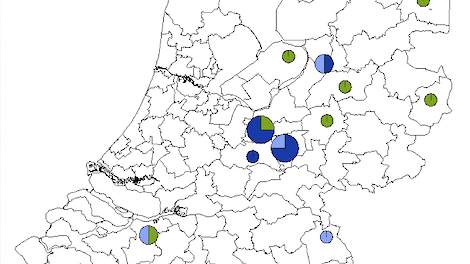 Figuur (kaart): locatie van Coryza-uitbraken op basis van de eerste twee cijfers van de postcode in 2018, onderverdeeld in commercieel, commercieel (drager) en hobby. Aantallen op basis van vrijwillige meldingen bij GD via het Early Warning System. Het be