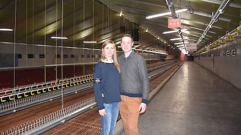 Philip Vanrolleghem en zijn vriendin Paulien Syx in één van zijn twee vleeskuikenouderdierenstallen.