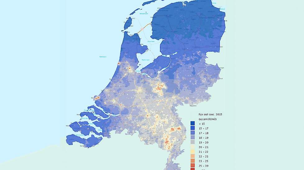 Kaart van fijnstofconcentratie in Nederland in 2015. Bron: RIVM.