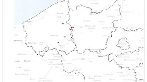 Een kaart met 7 van de 9 uitbraken van laagpathogene vogelgriep in Vlaanderen van de Belgian Feed Association, de Belgische vereniging van veevoerfabrikanten.