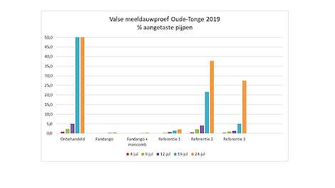 Beoordeling valse meeldauw: % aangetaste pijpen op vijf momenten door A.R.I.