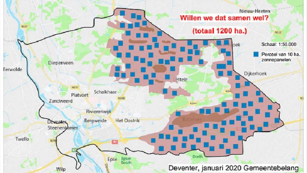 Deze tekening van de politieke partij Gemeentebelang (met zeven zetels in de Deventer gemeenteraad)  met daarop de plannen voor zonneparken zorgde begin dit jaar al voor veel opschudding.