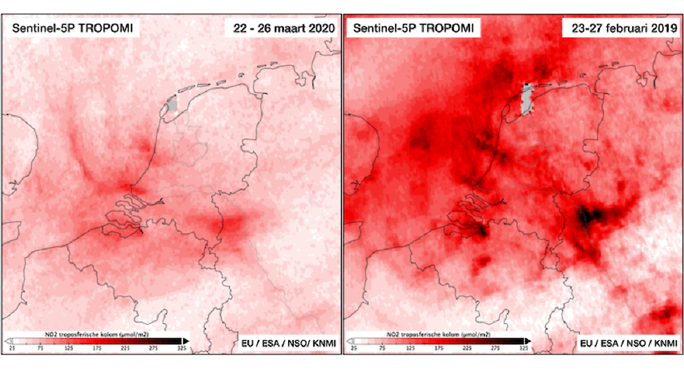 Tropomi NO2-metingen boven Nederland van 22-26 maart 2020 vergeleken met 23-27 februari 2019, een periode met vergelijkbare meteorologische omstandigheden.
