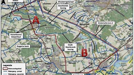 A = het natte natuurgebied De Waterbloem; B = het betreffende landbouwgebied.