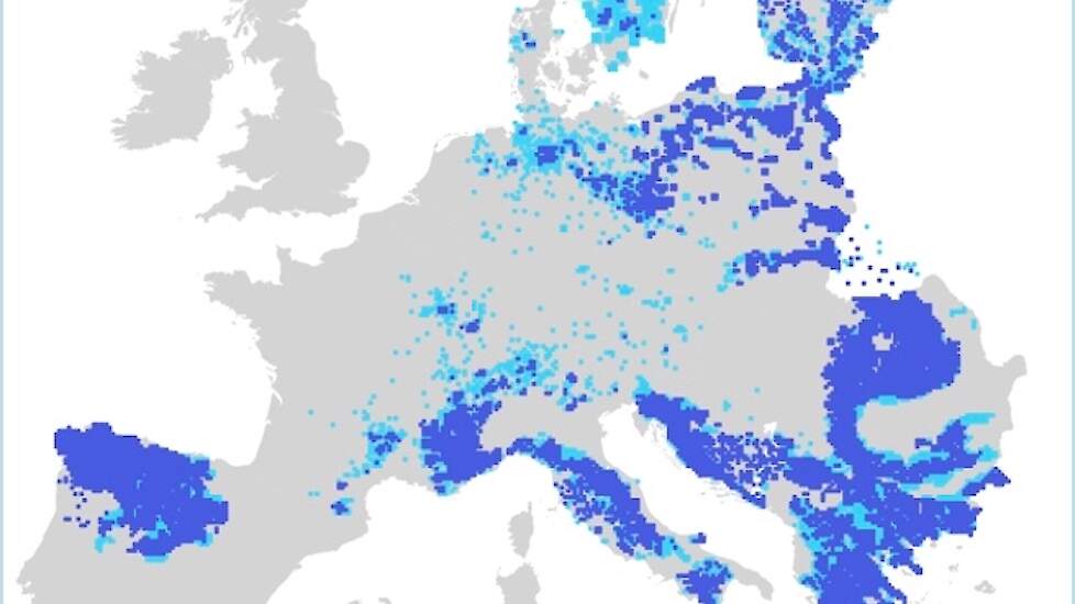 Uitsnede van een kaartje van de wolvenverspreiding in Europa, in de periode 2012 - 2016.