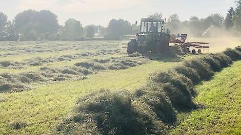 Oogst van de tweede snede. Eiko Jan Duursema verwacht dat de drogerijen nog wel even last zullen houden van de achterstand in de aanvoer.