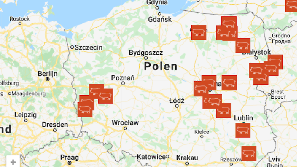 Kaart van Afrikaanse varkenspest in Polen