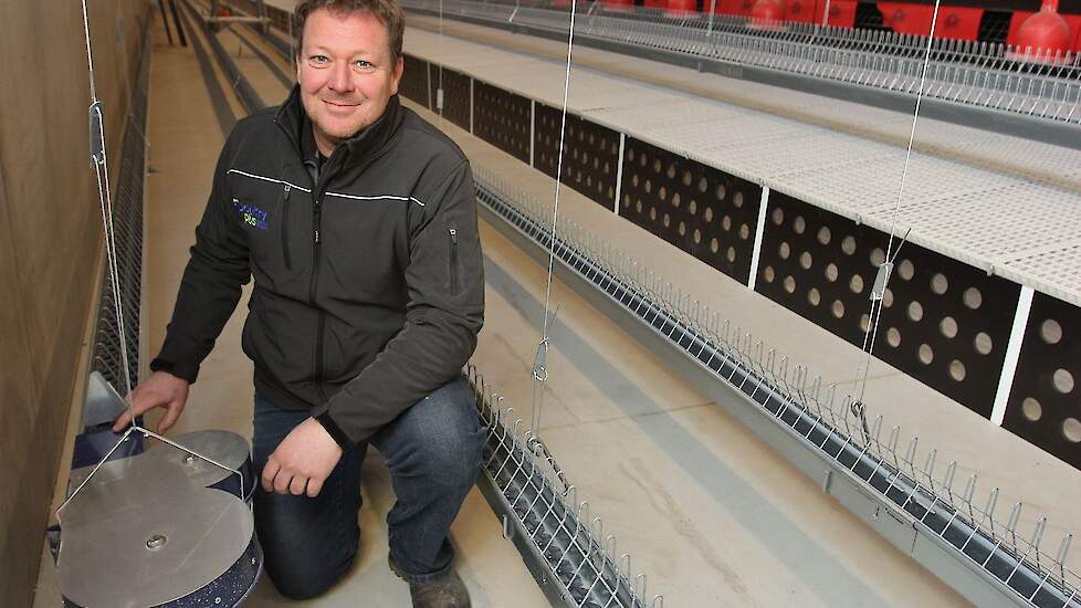 Om meer ruimte te creëren voor de hanen om te paren, koos Jeroen Kemper in zijn nieuwe stal als één van de eerste vermeerderaars in Nederland voor een sleepketting hanenvoersysteem.