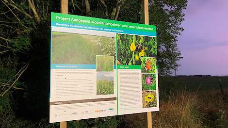 Het projectbord voor de pilot dat geplaatst is bij Hanneke’s Pluktuin in Biddinghuizen.