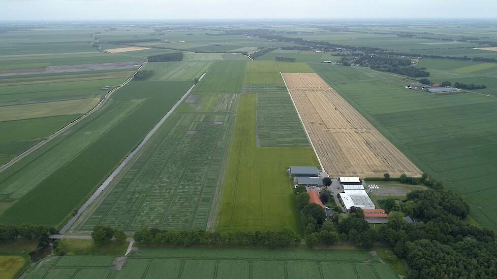 Luchtfoto van Averis aardappelveredeling te Valthermond