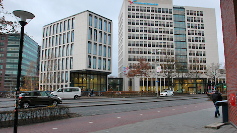 De banner hing bij het hoofdkantoor van FrieslandCampina in Amersfoort (UT).