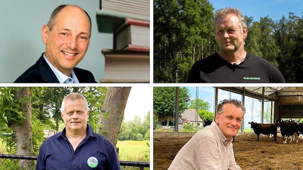 De vier winnaars; linksboven Karel van der Velden van Nijsen Company, daarnaast Hans Nieuwenburg van De Nieuwenburgt, linksonder Jan Broenink van het Wroetvarken en daarnaast Henk Hanskamp van de VrijLevenStal.