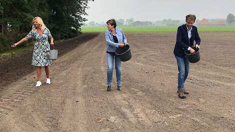 Gedeputeerde Esther Rommel (Natuur en Landschap) zaait, samen Provinciale Statenleden en indieners van de motie Willemien Koning (CDA) en Michel Klein (ChristenUnie), het eerste kruidenrijke grasland in op het land van agrariër Wilco Brouwer de Koning in