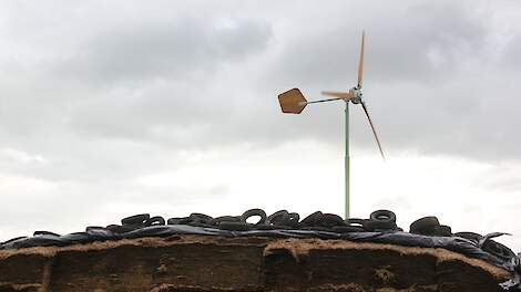 Een kleine windturbine op het erf van een boer. Boeren kunnen namelijk ook subsidie krijgen voor het plaatsen van een windturbine als duurzame energiebron.