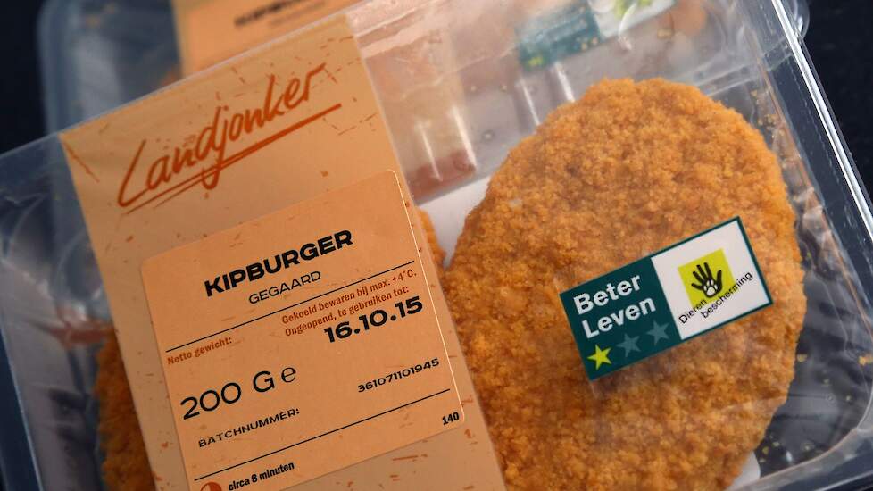 Een voorbeeld van een kipproduct met het 1 ster Beter-Leven keurmerk in de supermarkt.