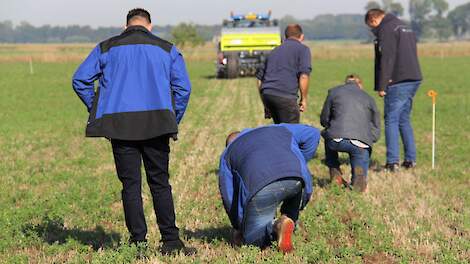 Boeren en loonwerkers bekijken resultaten van doorzaaimachines in Brummen.