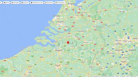 Het besmette bedrijf in Hoogstraten in de provincie Antwerpen ligt vlak bij de Nederlandse grens, zie rode punt op de kaart. Een deel van de 3 en 10 kilometerzone met een vervoersverbod ligt hierdoor in Nederland.