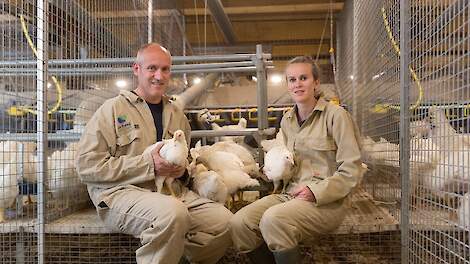 Frank van den Heuvel, specialist pluimvee, en Jesse Heijmans, onderzoeker pluimvee, doen onderzoek naar de invloed van voeding van moederdieren op vleeskuikens.