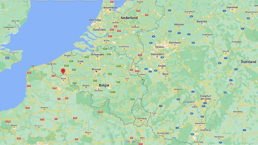 In het Vlaamse Wervik, zie rode punt op de kaart, is woensdag 25 januari een tweede hoog pathogene vogelgriepuitbraak vastgesteld op een pluimveebedrijf.