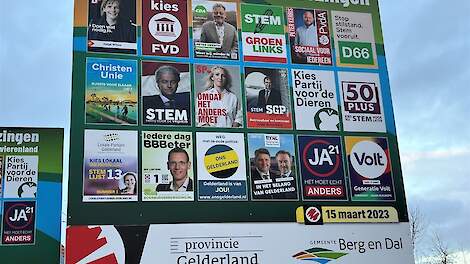 Verkiezingsposters in Gelderland. Sommige politieke partijen gebruiken landelijke kopstukken als uithangbord.