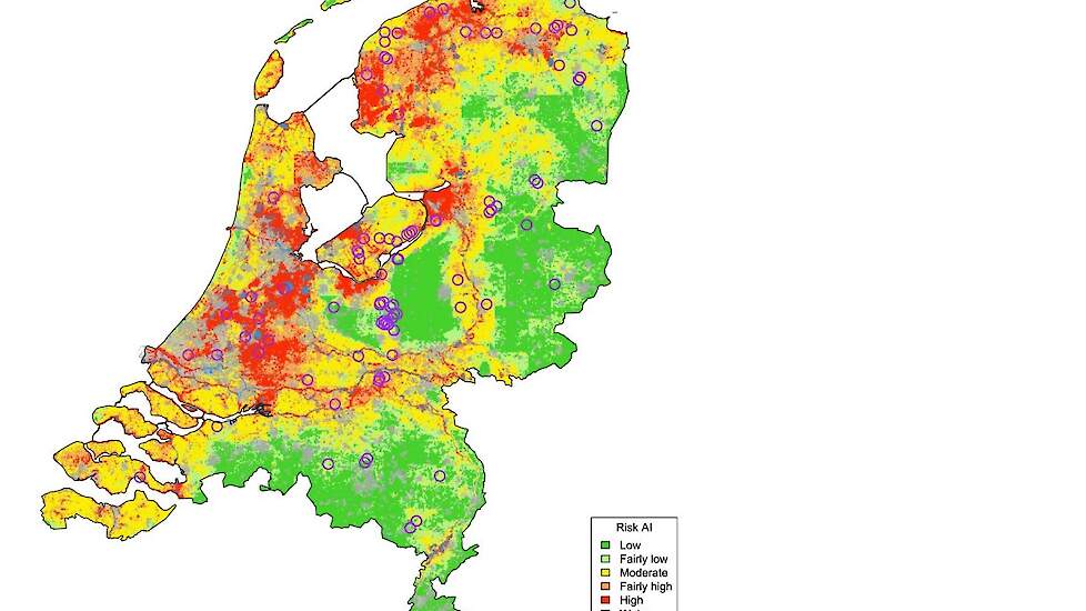 HPAI-besmettingsrisico op pluimveebedrijven in Nederland volgens het best presterende Random Forest model (bron: Rapport 2301353, Voorspellend model voor besmettingsrisico van HPAI-virus bij commerciele pluimveebedrijven in Nederland).