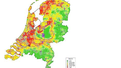 HPAI-besmettingsrisico op pluimveebedrijven in Nederland volgens het best presterende Random Forest model (bron: Rapport 2301353, Voorspellend model voor besmettingsrisico van HPAI-virus bij commerciele pluimveebedrijven in Nederland).