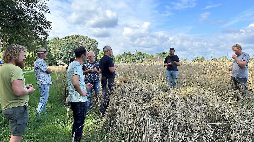 Deelnemers van het project ‘Bodemmaatregelen Winterswijk’ krijgen uitleg op Landgoed Velhorst bij Lochem uitleg over graanteelt van Arjen van Buuren.