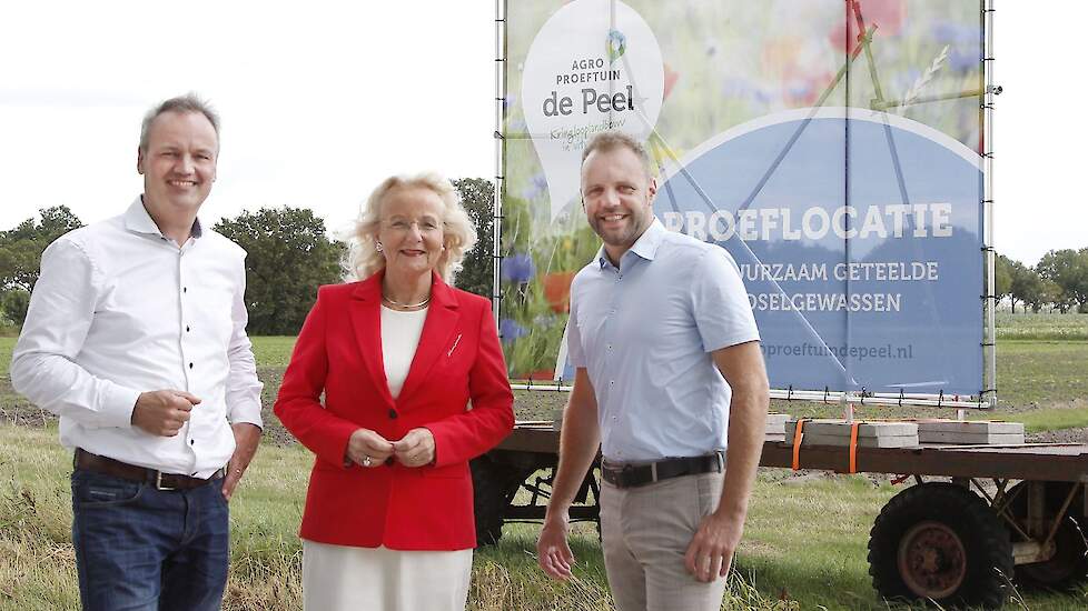 Gedeputeerde Elies Lemkes-Straver, Ronald Luijkx (links) van Agrifood Capital en wethouder Jeroen van den Heuvel van Maashorst bij de proeflocatie van AgroProeftuin de Peel.