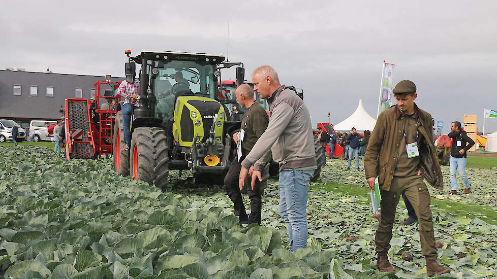 De demonstratie automatisch kool oogsten trekt veel belangstelling. Bijzonder is dat het gaat om kool voor de versmarkt. Het resultaat valt de bezoekers niet tegen.