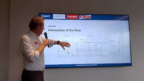 Vereijken vertegenwoordiger Bart Hooijer geeft uitleg bij de dwarsdoorsnee tekening van de Franse Trac vloer, die mest en urine scheidt bij de bron.