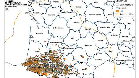 Kaartje van het Franse ministerie van landbouw met de actuele stand van zaken wat betreft de EHD-uitbraken in het zuidwesten van het land.