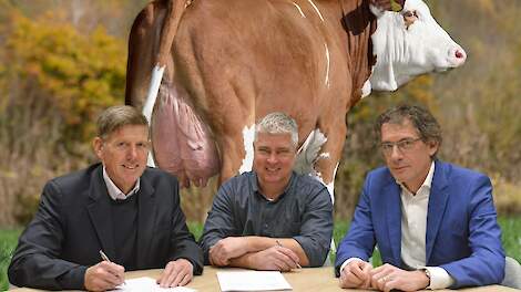 Angus Haslett, CEO CRV (links op de foto), Hans Kerkhof, directeur/eigenaar Xsires (midden) en Egon Verheijden CFO, tekenen opgetogen de overeenkomst.