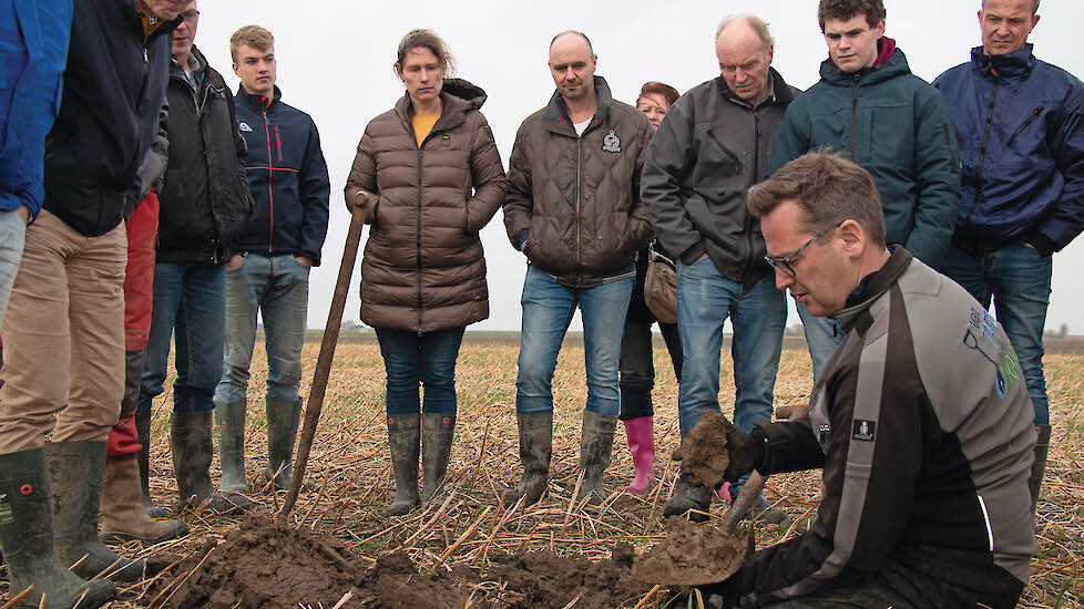 Een mooie ‘rommelige’ bovenlaag en afgestorven wortels zorgen er op dit perceel voor dat het water goed weg kan, laat Olijve zien.