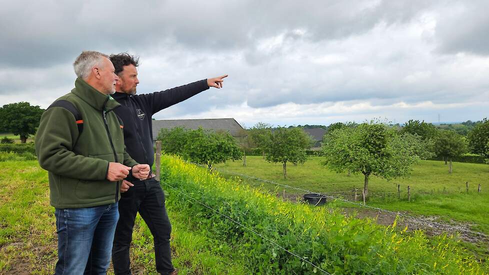 Bjorn Kleijnen (rechts) en Theo Bakker, landelijk coördinator natuurinclusieve landbouw bij Staatsbosbeheer.