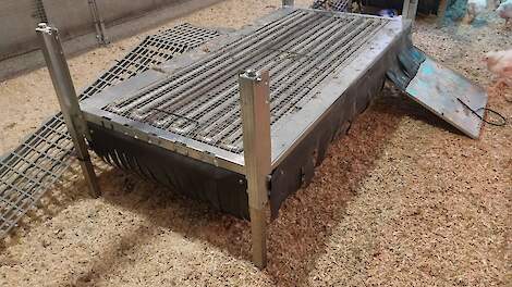 Prototype van een multifunctioneel platform (of springtafel) voor vleeskuikens met een donkere en afgeschermde zone, watergekoelde buizen, mestopvang en -afvoer.