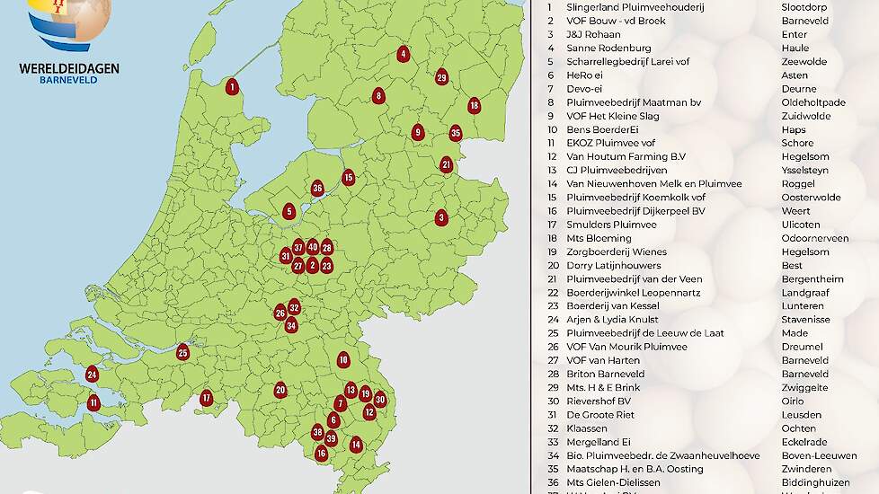 42 legpluimveebedrijven verdeeld over heel Nederland openen volgende week zaterdag 12 oktober hun deuren voor burgers tijdens WereldEidag.