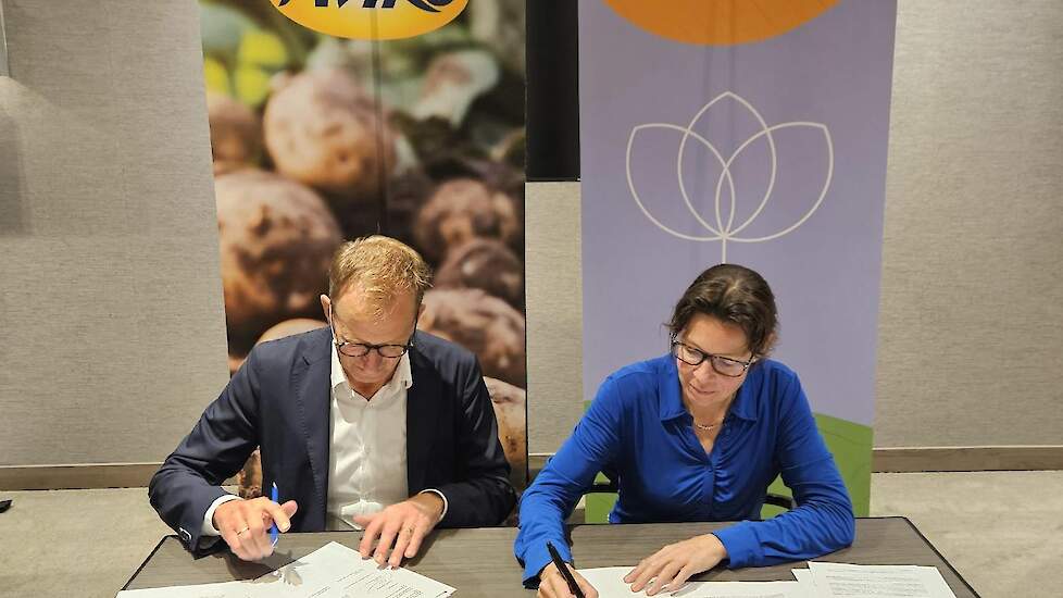 Dick Zelhorst, Chief Agro & Supply Chain Officer bij Aviko en Gea Bakker, sectormanager Food & Agri bij de Rabobank ondertekenen de intentieverklaring voor het Toekomstbestendige Teeltprogramma.