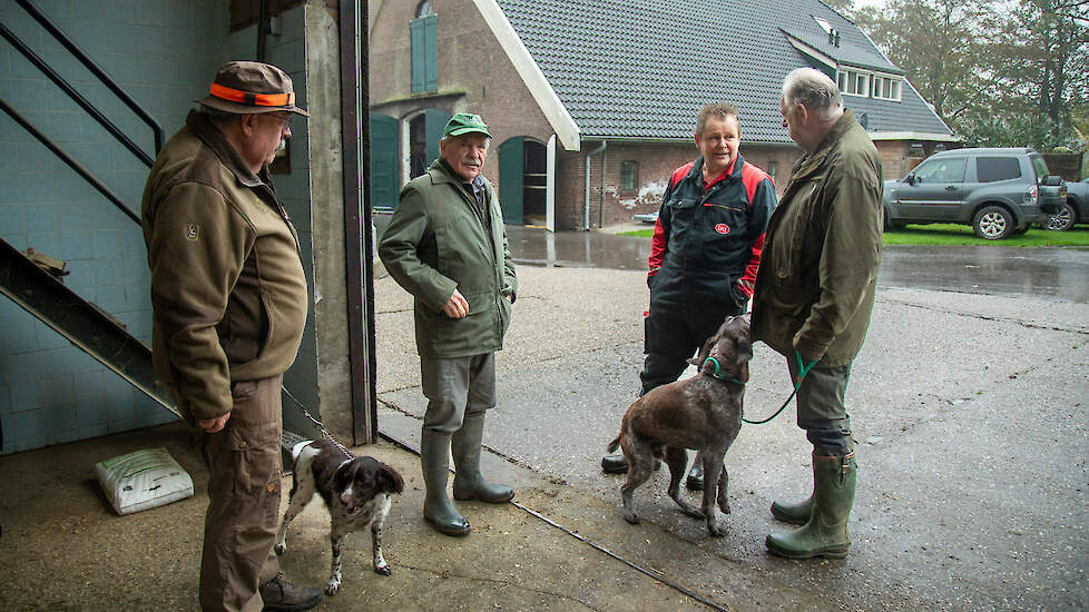 Henk van Vorsselen (tweede van links) en Harrij Meijs (links) gaan iedere dinsdag ‘op de ganzen’ bij melkveehouder Paul Schouten (tweede van rechts) in Doorwerth (GD).