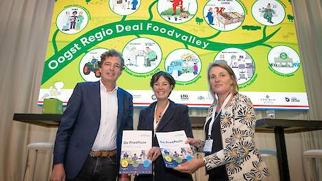 René Verhulst (links) overhandigt namens Regio Foodvalley de oogst van de Regio Deal aan het Rijk. In het midden Natalie Burgers, programmadirecteur Regio Deals VRO en rechts Marieke Mossink, Directeur Programmabureau LVVN.