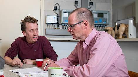 Varkenshouder Ron Koppens en specialist Jan Altena bespreken de resultaten.