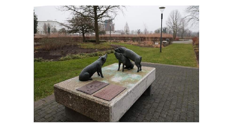 Het gerestaureerde kunstwerk Zeug met biggen is vanaf nu te bewonderen in de vlindertuin van het provinciehuis in 's-Hertogenbosch.