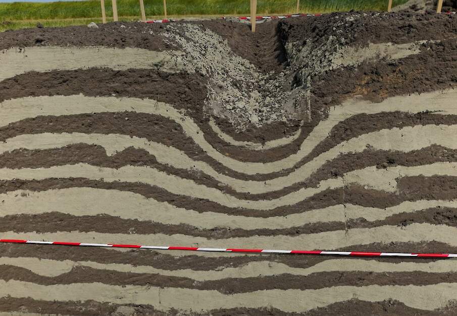 De druk van het contactvlak wordt visueel gemaakt door lagen zand in verschillende kleuren. In de uitgegraven put is duidelijk te zien wat het effect is van banden(druk) op de ondergrond.