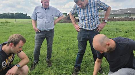 Marc, Gerard en Thieu in het veld waar aanwezige Sietse Hartman een kuilprofiel maakt.